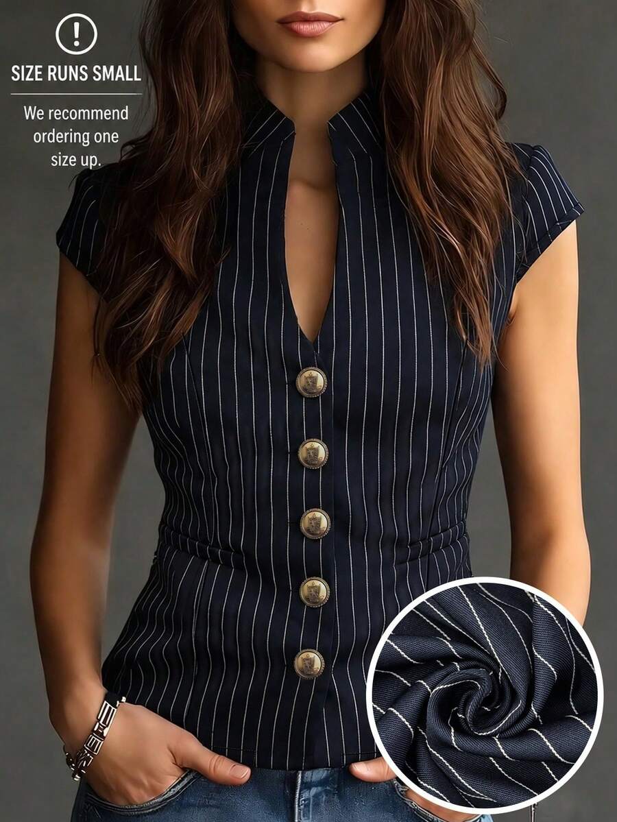 Stylish Urban Casual Shirt, Blue/White Stripes, V-Neck, Faux Pocket, Fitted. Ideal For Office/Summer/Outdoors. Modern And Lightweight Blouse. - Dark Blue - 查看 1