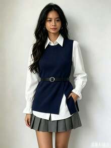 2-Piece Set: Long-Sleeved Dress Shirt + Ribbed Knit Vest With Side Slit And Belt - 藏蓝色 - 查看 1