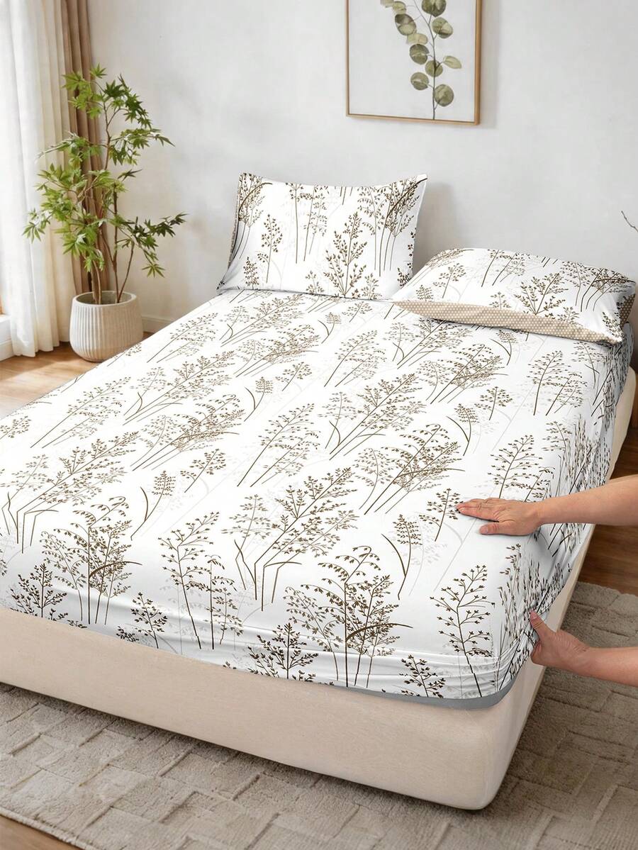 1 buah Sprei Motif Daun dan Bunga, Perlengkapan Tidur, Sprei Pas, Penutup Kasur, Perlengkapan Tidur Lembut dan Nyaman untuk Kamar Tidur, Pelindung Kasur, Hanya Sprei Pas, Dapat Dicuci dengan Mesin - MultiWarna - View 1
