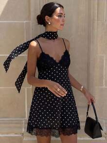 Women's Casual Polka Dot Spaghetti Strap Mini Dress, Contrast Lace Trim, Summer Style Elegant Vacation Party Black - Black - View 8
