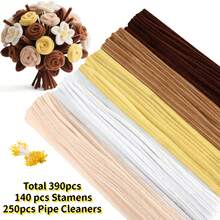 390 pièces de cure-pipes 5 couleurs Kit d'artisanat DIY avec étamines - tiges de chenille violettes, bleues, orange, roses et rouges pour bouquet de fleurs fait main, cadeau de la Fête des Pères & de la remise des diplômes, bouquet de mariée & décoration de la maison - cure-pipes + étamines de fleurs - Voir 17
