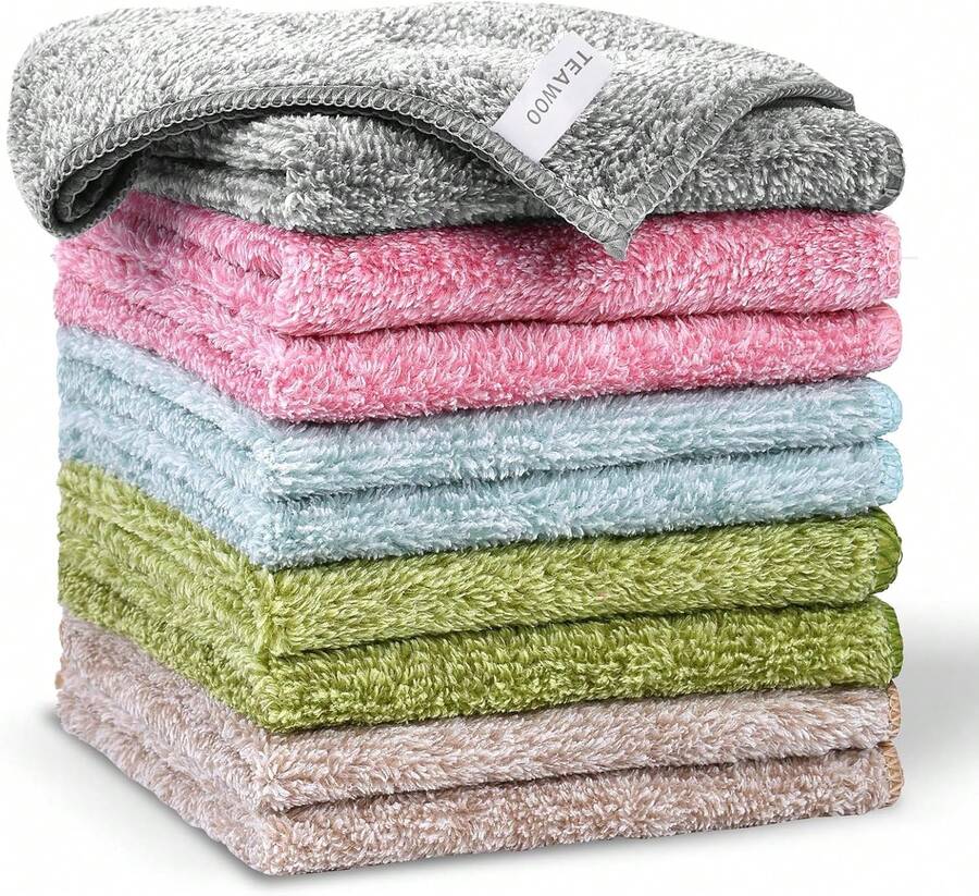 TEAWOO 10 Pack Premium Washcloths, Highly Absorbent And Super Soft Face Towels, Multi-Purpose Fingertip Towels, 12 X 12 Inch Bathroom Towels (Charcoal/Coral Pink/Cyan/Jade Green/Coffee Beige) - ColorA - View 1
