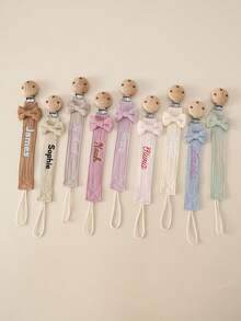 1pc Personalized Custom Embroidered Name Baby Pacifier Clip Wooden Anti-Lost Dummy Holder Chain Infant Soother Strap Newborn Baby Shower Gift - Multicolor - View 3