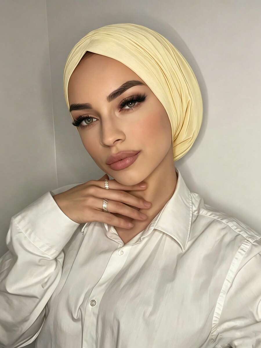1pc Women's Classic Minimalist Solid Color Chemotherapy Turban Beanie, High Elasticity Full Pleated Design, Anti-Slip, Sweat-Absorbent, Breathable, Multi-Layer Pleated Headwrap, Makes Head Look Full, Perfect For Matching With Hijab, Comfortable Soft Modal Skin-Friendly Premium Knitted Fabric, Suitable For Daily Wear