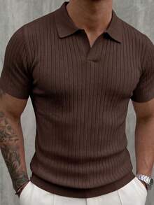 Men's Classic Ribbed Knit Polo Short Sleeve Shirt, Solid Color, Suitable For Summer Outings, Fashion Essential - Brown - View 3