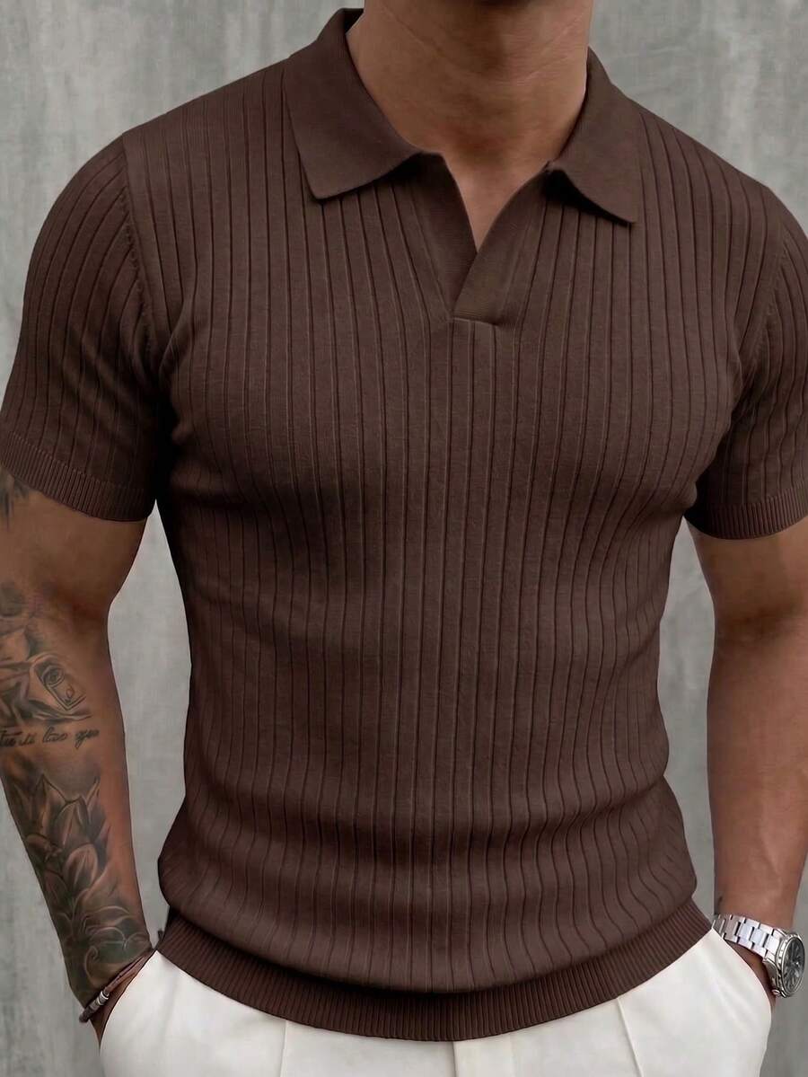 Camisa polo de manga corta de punto acanalado clásico para hombre, unicolor, adecuada para salidas de verano, esencial de moda