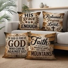 4pcs Vintage Wood Grain Bible Inspirational Scripture Cushion Covers, Single-Sided Printed Peach Skin Velvet Polyester Material, 45*45CM/18*18inch Pillow Covers Suitable For Room Decor, Modern Minimalist Sofa Living Room Decoration, Gift Giving, Party Decoration - Multicolor - View 9