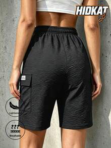 Hidkat Damen Sommer Lässig Strand Bermuda Shorts, leicht und atmungsaktiv, knitterfreie Textur, elastischer Bund mit Kordelzug, mehrere Taschen, geeignet für tägliche Lässig, Outdoor, Strand, Urlaub, Sport und andere Outfits - Schwarz - Übersicht 2