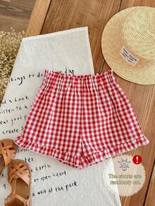 Casual Cute Letter Print Crew Neck Fitted T-Shirt With Red & White Plaid Shorts Set For Teenage Girls - White - View 5