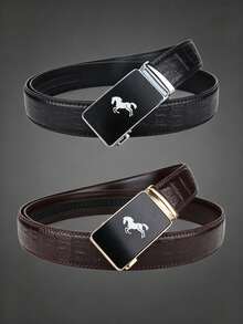 Premium Business Horse Logo Men's Automatic Buckle Leather Belt, High-Quality Texture, Ideal Gift Choice, Black And Brown Dual Colors Available - Multicolor - View 10