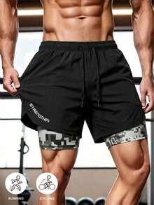 Men's Sports Shorts, Black Minimalist With Camouflage Hem, 2 In 1 Design + Waist Drawstring, Comfortable And Non-Clinging, Perfect For Fitness, Running, Training, Slightly Stretchy Fabric Without Restriction, First Choice For Summer Sports Style, Essential For Outdoor Activities And Gym Workouts. - Black - View 2