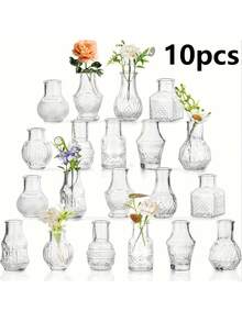 10pcs Vintage Bohemian Style Transparent Glass Vases, Small Clear Vases, Multi-Purpose Bulk Vases, Suitable For Home Decor, Table Centerpieces, Wedding Party Decoration, Christmas Decoration And DIY Diffuser Bottles - Multicolor - View 4