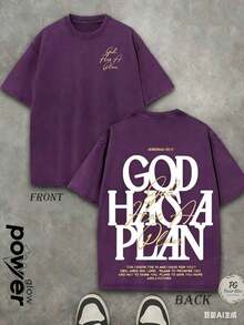 Jesus Graphic Print T-Shirt 'God Has A Plan', Double-Sided Print, Washed T-Shirt, Party Favors, Y2K Graphic Tees For Men, Vintage Washed Style T-Shirts - Purple - View 1