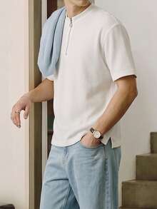 Men's White Waffle Knit Half-Zip Henley T-Shirt, Short Sleeve Casual Top - White - View 3
