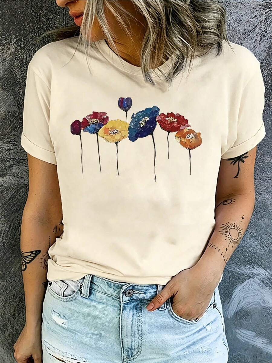 Women's Round Neck T-Shirt, Colorful Flowers Abstract Art Graphic, Casual And Fashionable Style, Suitable For Outdoor Sports And Holiday Gifts - 杏色 - 查看 1