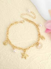 1pc Summer Beach Vacation Style Starfish, Shell, Faux Pearl Anklet - one-size - View 6