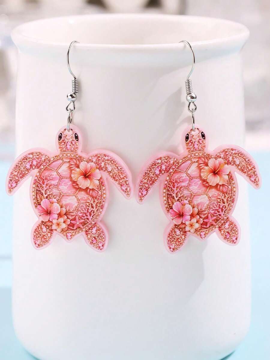1 Pair Refreshing Summer Cute Minimalist Creative Design Fashion 2D Rhinestone Ocean Creature Pink Sea Turtle Acrylic Earrings Suitable For Beach Seaside Vacation Holiday Party Wear Women's Earrings - Multicolor - View 1