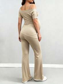 2pcs Maternity Set - Flared Pants & Casual Crop Top, Minimalist Elegant Gray Summer - Khaki - View 8