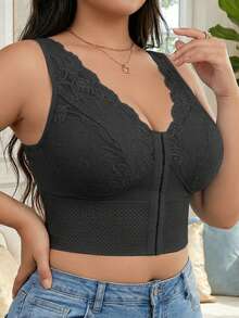 Sujetador sin costuras cómodo de talla grande con cierre delantero ajustable, patchwork de encaje, malla transpirable, control de cintura, efecto levantador y alisado de la espalda - Negro - Ver 1