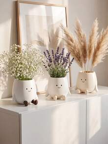 1 pieza Jarrón sonriente lindo - Decoración de flores secas estilo crema, adorno floral de escritorio, adecuado para sala de estar, decoración del hogar, decoración de la habitación, decoración estilo nórdico, decoración de entrada de la sala de estar, coleccionable, regalo único, centro de mesa de escritorio - Nuevo modelo - Ver 3