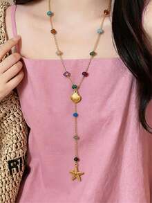 1pc Ocean Vacation Style Shell & Starfish Beaded Pendant Necklace, Colorful Beaded Long Y-Shape Sweater Chain, Suitable For Daily Wear & Beach Vacation (Beads Randomly Assorted) - Multicolor - View 8