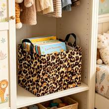 1pc Classic Leopard Print Foldable Fabric Storage Basket With Handle, Animal Cheetah Pattern Collapsible Storage Box, Multi-Functional Clothes & Sundries Bedroom Closet Organizer, Home Decor Room Arrangement - View 3