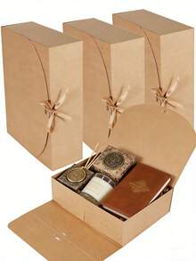 4pcs Kraft Paper Gift Box With Lid & Ribbon Closure - Large Vintage Folding Gift Box For Candles, Soaps & Journals, -Friends Presentation Box For Wedding, Party & Home Decor - Camel - View 1