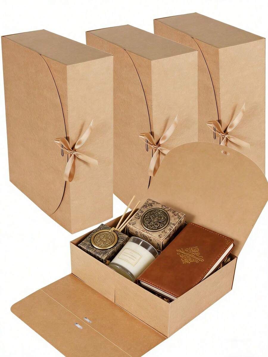 4pcs Kraft Paper Gift Box With Lid & Ribbon Closure - Large Vintage Folding Gift Box For Candles, Soaps & Journals, -Friends Presentation Box For Wedding, Party & Home Decor - Camel - View 1