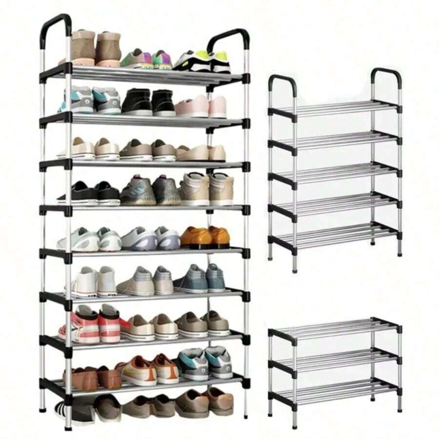 5/6/8 Tier Shoe Rack Organizer, Stainless Steel Rack - Simple And Easy To Assemble Shoe Organizer - Clothes Organizer Furniture With Straps - Shoe Rack With Clothes And Hat Racks - The Ultimate Solution For Clothes And Shoe Organization - Black - View 1