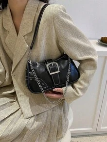1pc Women's Vintage Mad Max Punk Wanderer Motorcycle Bag, Rivet Decor, Adjustable Shoulder Strap, Large Capacity Soft Faux Oil Wax Gradient Leather Shoulder Bag, Underarm Bag, Baguette Bag, Square Bag, Suitable For Work, Commute, Dating, Party - Black - View 4