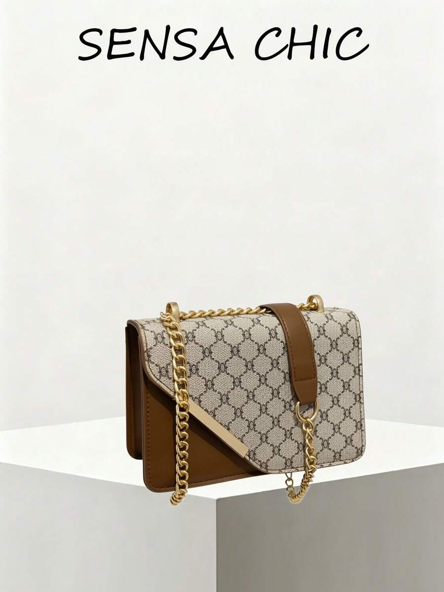 Mini Fashionable Plaid Contrast Stitching Crossbody Bag, Metal Chain Strap Shoulder Bag Square Purse, Suitable For Shopping - Grey - View 1