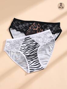 Mystèrelle 2 buah Celana Dalam Seksi Motif Leopard dari Sutra Es, Gaya Menggoda dengan Hiasan Renda dan Jala, Kancing Logam untuk Kontrol Perut dan Pengangkat Bokong - MultiWarna - View 4