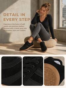Women's Pure Black Faux Suede Vintage Sneakers, Low-Top Lace-Up Flat Casual Shoes, Rubber Sole Non-Slip Comfortable Walking Shoes, Suitable For Daily Street Wear - Black - View 4
