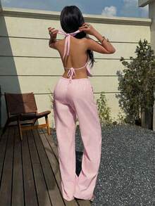 女款條紋百褶掛脖綁帶上衣與抽繩腰長褲休閒日常套裝 - 粉色 - 查看 2