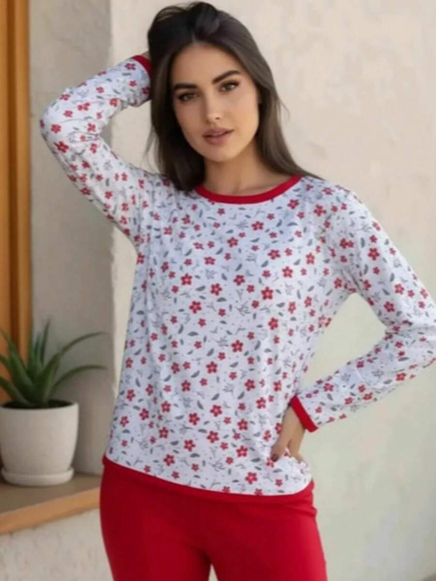 Pijama Conjunto Feminino Inverno Quentinho Estampado Pijama comprido Mangas Longas