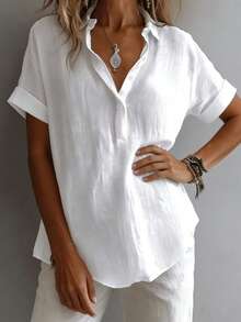 New Casual Plus Size Women's Spring/Summer Solid Color Button Half-Open Collar Loose T-Shirt Blouse White - White - View 5