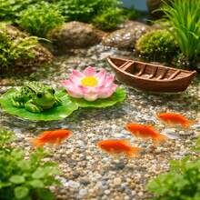 Mini ornement de paysage aquatique flottant réaliste, grenouille en résine imperméable, feuille de lotus, fleur de lotus et combinaison de petit bateau, nouveau style pastoral zen chinois, design de bloc de couleurs vert rose marron avec feuille de lotus, grenouille, fleur de lotus et petit bateau, décoration de micro paysage flottant, décoration d'aquarium / bassin de jardin / ornement de micro paysage de bureau, accessoire de décoration d'aquarium populaire - A - Voir 9