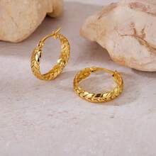 1pair French Vintage Stainless Steel Twist Hoop Earrings Textured Braided Wheat Ears Huggie Hoops Tarnish Free Waterproof Gold Jewelry Gift For Her - Gold - View 6