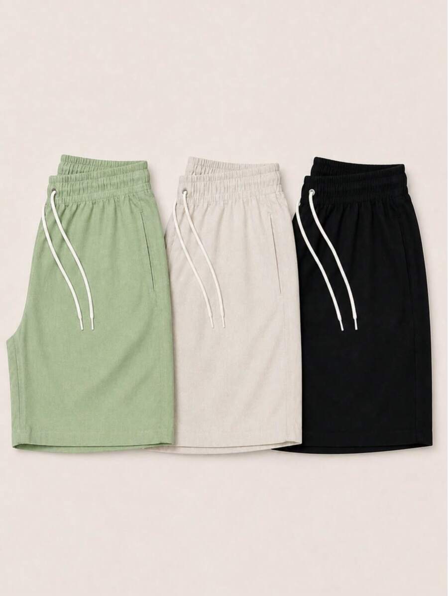 Kit 3 Premium Linen Shorts Bermuda Mauricinho Men's Casual Basic Comfortable Drawstring Waist - verde menta - Ver 1