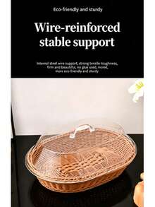 Woven Plastic Rattan Service Basket With Transparent Dust Cover, Essential Kitchen Accessory For Summer Holidays, Food Display Tray, Storage For Bread, Fruit, Desserts, Suitable For Bakery, Home Kitchen, Restaurant - Multicolor - View 11