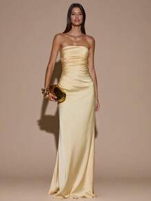 ma con pliegues y espalda descubierta, adecuado para fiestas, cócteles, ocasiones formales, dama de honor, cumpleaños, vestido largo de satén amarillo, Navidad, banquetes, casual de negocios - Amarillo - Ver 1