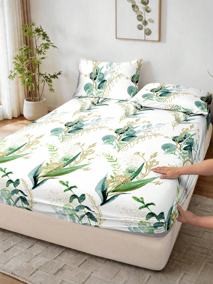 1pc Leaf Flower Print Bed Sheet, Bedding, Fitted Sheet, Mattress Cover, Soft And Comfortable Bedding For Bedroom Mattress Protector Fitted Bed Sheet Only, Machine Washable - Multicolor - View 1