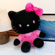 1 pieza Muñeco de peluche de gato lindo negro y rosa con lazo de satén, muñeco de animal de peluche suave, adecuado para decoración de dormitorio, almohada y regalo - Negro - Ver 5