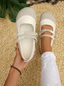 Zapatos Mary Jane para mujer con doble correa de gancho y bucle, suela blanda, costuras minimalistas, unicolor, punta redonda, caña baja, tacón plano, estilo casual dulce, para uso diario/compras/todas las estaciones, beige, forro de PU/tela - Beis - View 1