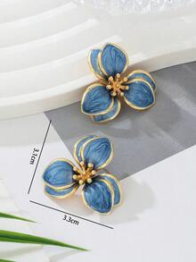 1 Pair Sweet & Cute Vacation Style Blue Oil Drop Flower Stud Earrings For Teens, Birthday Gift - Blue - View 4
