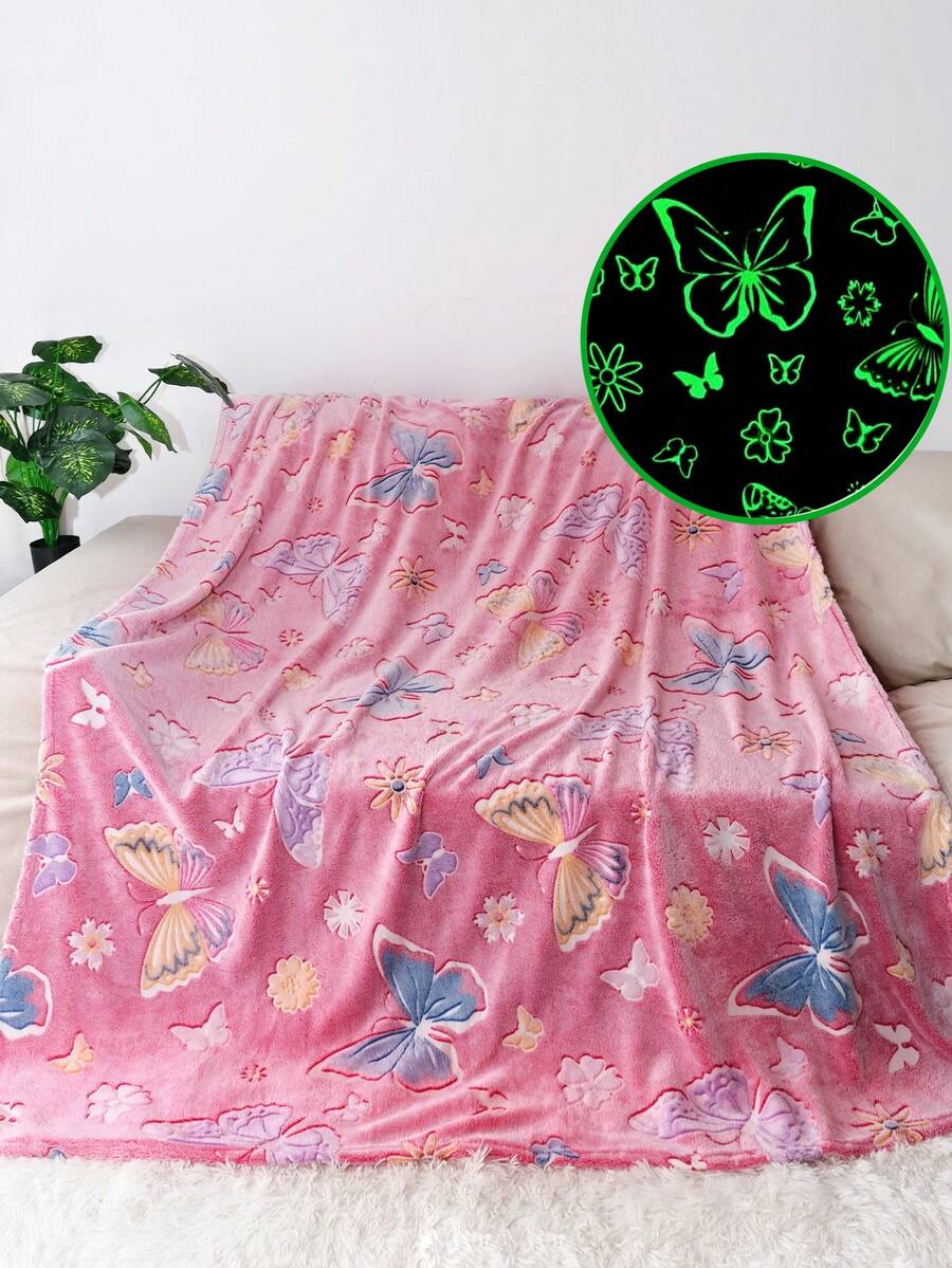 夢幻幻彩蝴蝶夜燈珊瑚絨天鵝絨蓋毯，柔軟舒適披肩，多功能毛絨毯，適用於客廳、臥室、車內等場景，四季皆宜，適合休閒使用