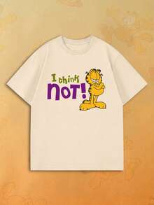SHEIN | Garfield 女款米色寬鬆短袖T恤，交叉手臂卡通貓彩色標語 I Think Not 印花，日常街頭女孩休閒穿搭 - 杏色 - 查看 1