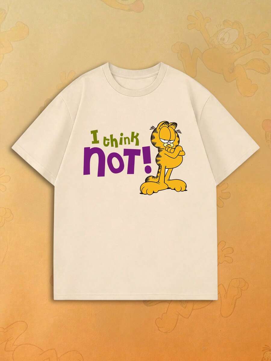 SHEIN | Garfield 女款米色寬鬆短袖T恤，交叉手臂卡通貓彩色標語 I Think Not 印花，日常街頭女孩休閒穿搭 - 杏色 - 查看 1