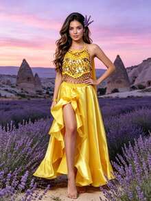 Professional Belly Dance Mesh Coin Halter Crop Top, Elastic Waist High Slit Flowy Satin Skirt For Dance Training, Shows And Competitions - Multicolor - View 13