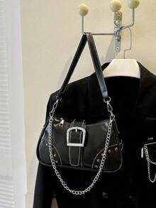 1pc Women's Vintage Mad Max Punk Wanderer Motorcycle Bag, Rivet Decor, Adjustable Shoulder Strap, Large Capacity Soft Faux Oil Wax Gradient Leather Shoulder Bag, Underarm Bag, Baguette Bag, Square Bag, Suitable For Work, Commute, Dating, Party - Black - View 7